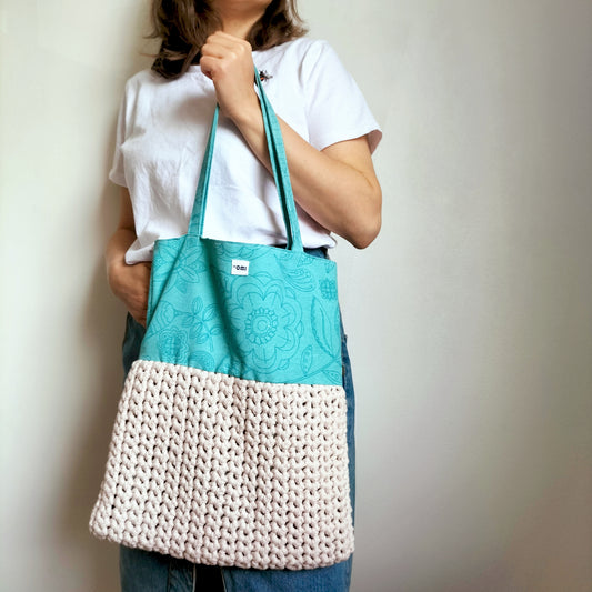 Big Tote Bag Floral & Beige Crochet