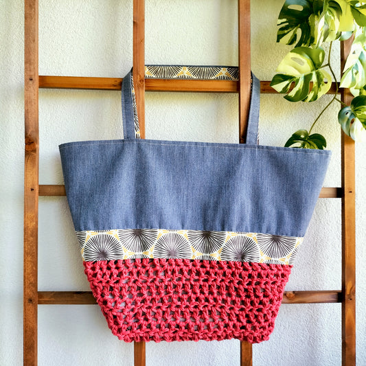 Tote Bag Burgundy, Navy & Sun Crochet