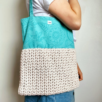 Big Tote Bag Floral & Beige Crochet