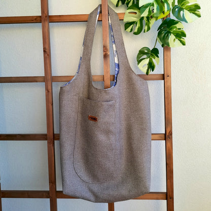 Handmade Tote Bag Boho Gray Brown Blue Floral Upcycled