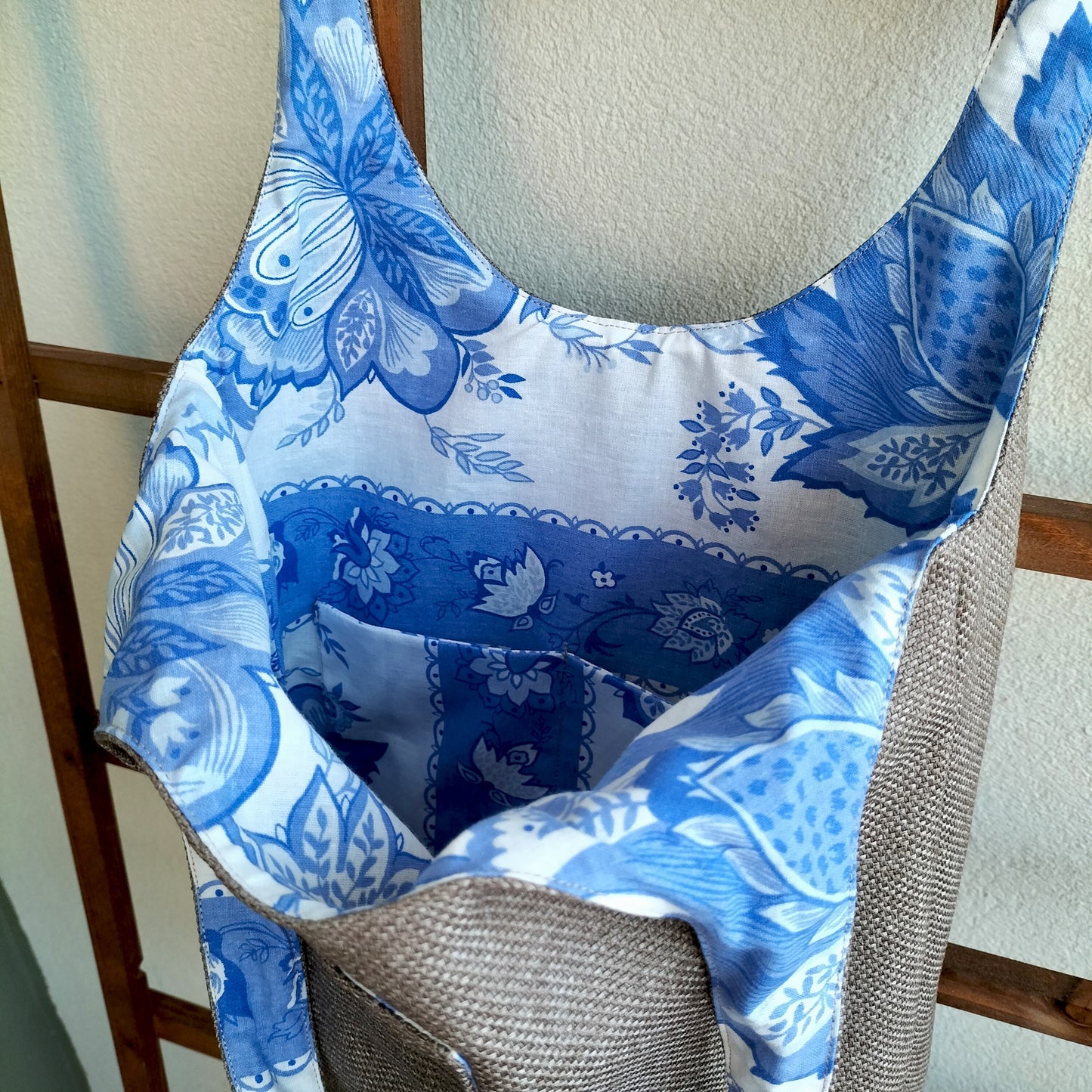 Handmade Tote Bag Boho Gray Brown Blue Floral Upcycled