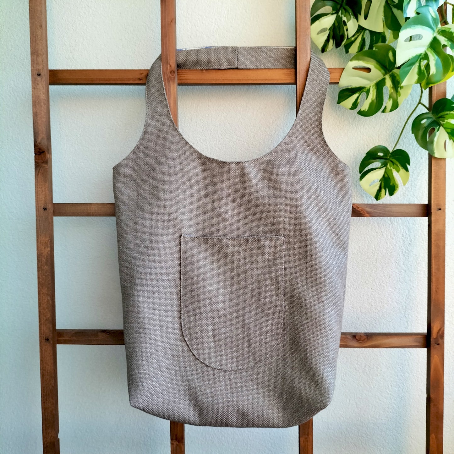 Handmade Tote Bag Boho Gray Brown Blue Floral Upcycled