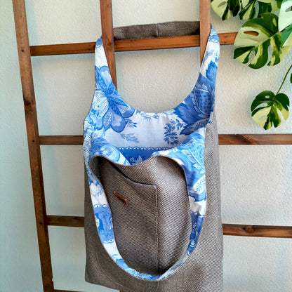 Handmade Tote Bag Boho Gray Brown Blue Floral Upcycled