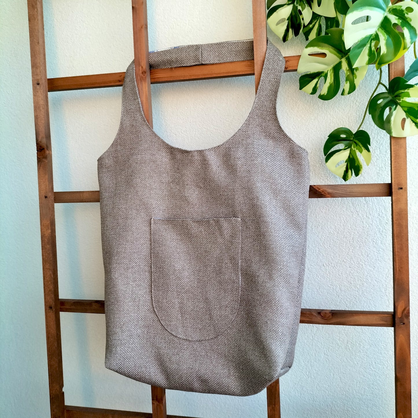 Handmade Tote Bag Boho Gray Brown Blue Floral Upcycled