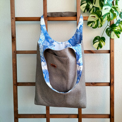 Handmade Tote Bag Boho Gray Brown Blue Floral Upcycled