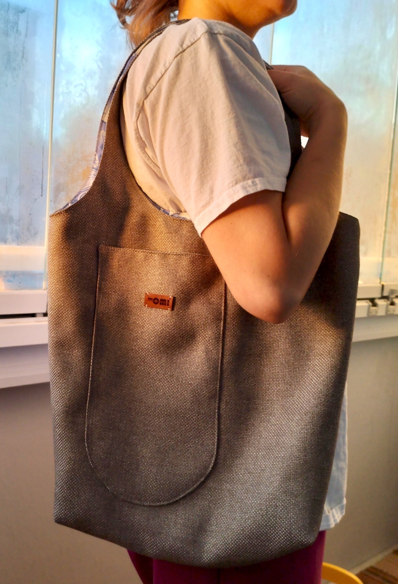 Handmade Tote Bag Boho Gray Brown Blue Floral Upcycled